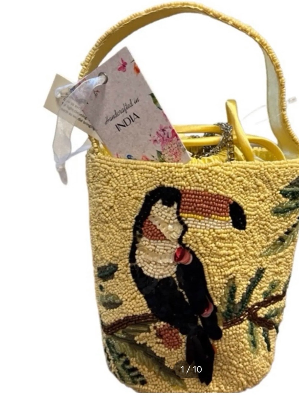 Yellow Beaded Toucan Bucket Bag
